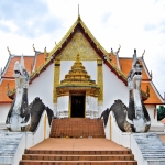 Ancient Buddha temple with the lion guardian statue , Asia , Thailand